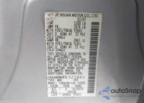 2007 Nissan Xterra S из США, поврежденный, VIN 5N1AN08U97C525883